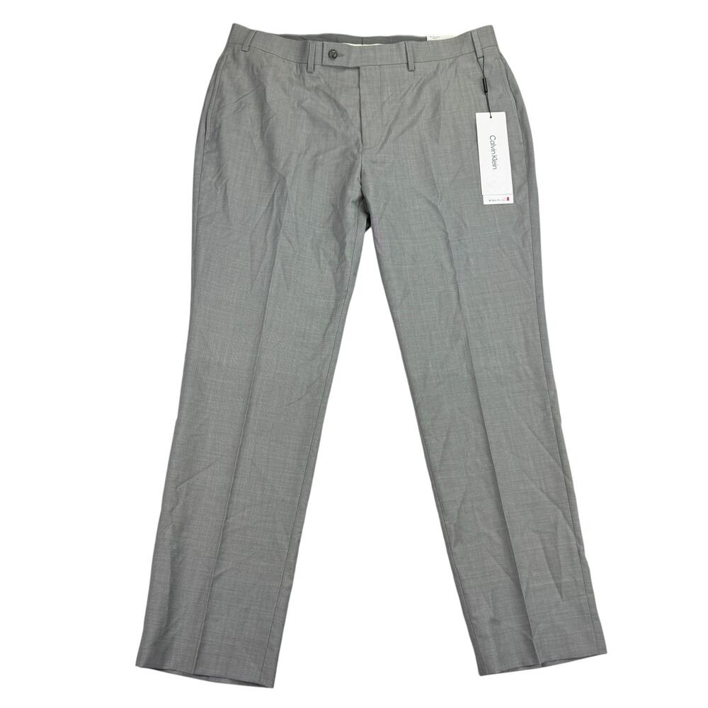 Calvin Klein Mens X Slim Fit Sharkskin 100% Wool Suit Pants Light Gray 38x30